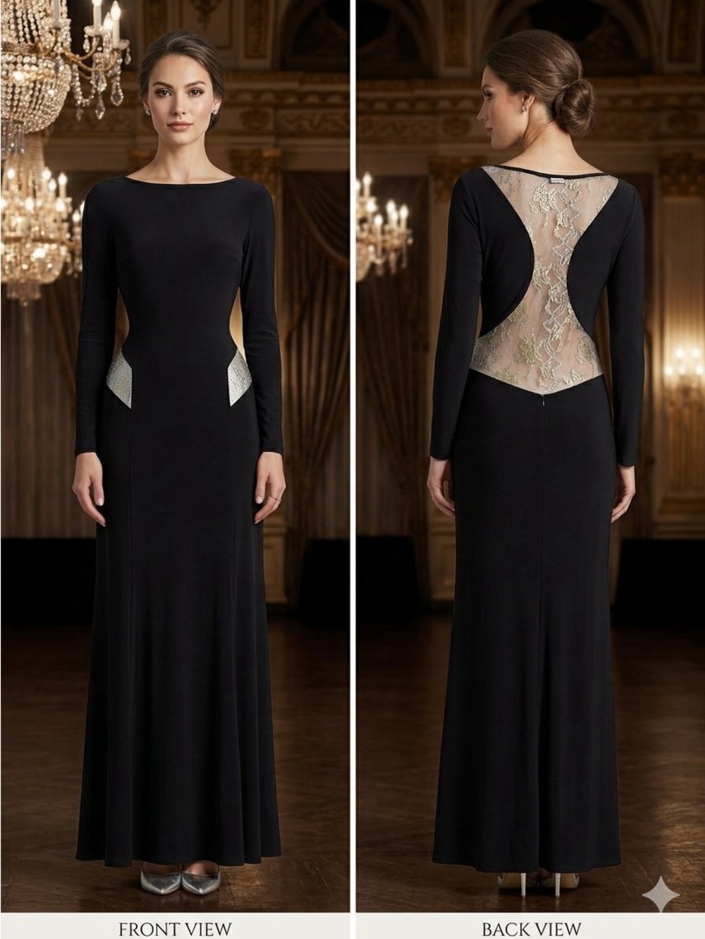 VENUS Black Long-Sleeve Evening Gown with Lace Back and gold Accents